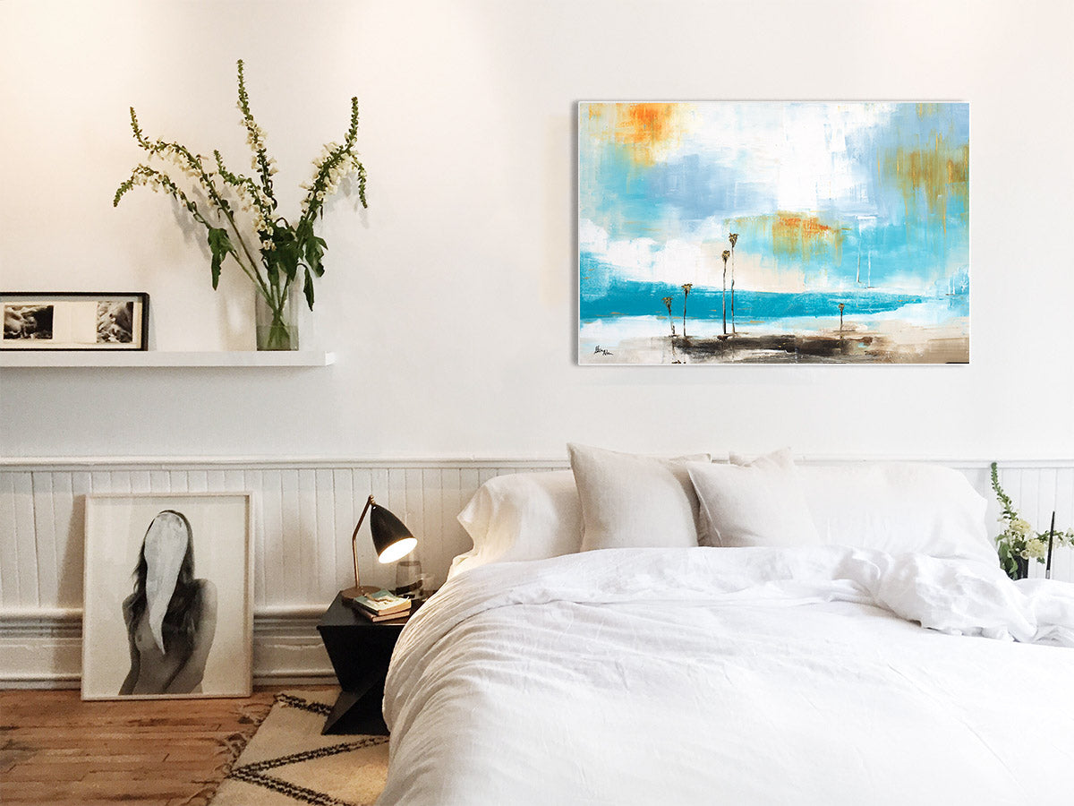 Coastal Modern Abstract Print in Bedroom
